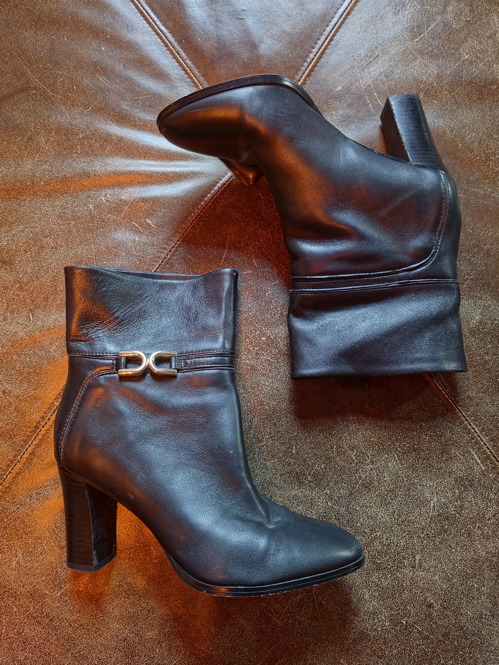 Women's Black Leather Ankle Boots with Decorative Buckle